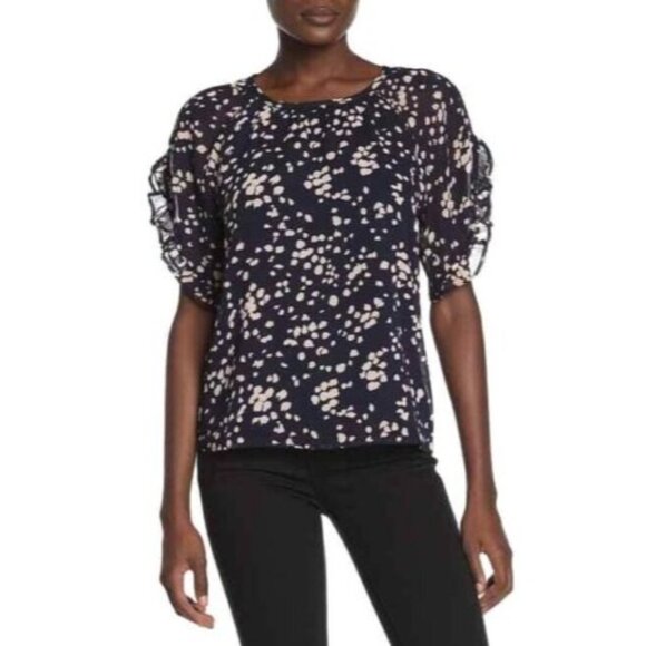 Madewell Memento Navy Short Ruffle Sleeve Blouse L - Picture 1 of 6